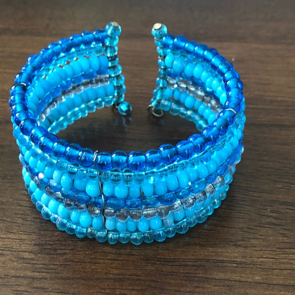 Women’s Beaded Cuff Stretch Bangle Bracelet Blue Turquoise Aqua Gray